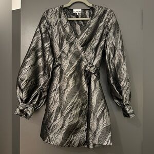 Ganni Metallic Silver Wrap Mini Dress Size 36 Excellent Condition